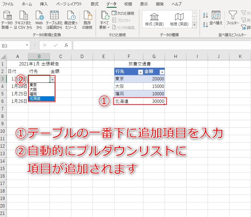 テーブルの一番下に追加項目を入力すると自動的にプルダウンリストに項目が追加