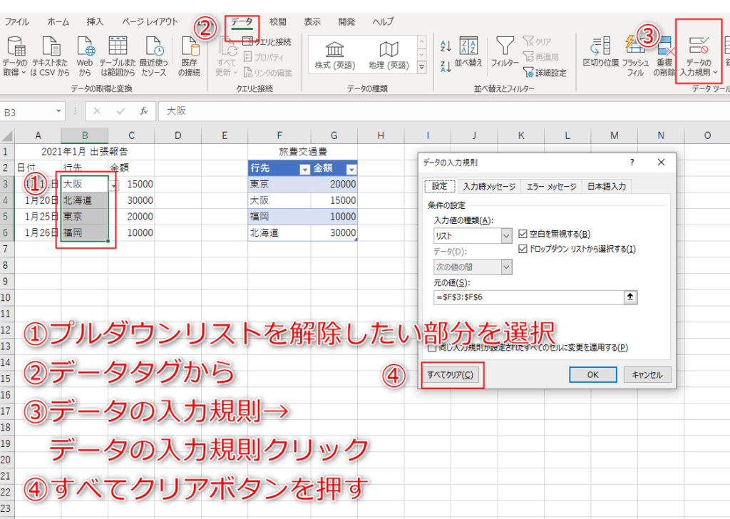 データの入力規則からすべてクリアボタンを押すとプルダウンリストが解除される